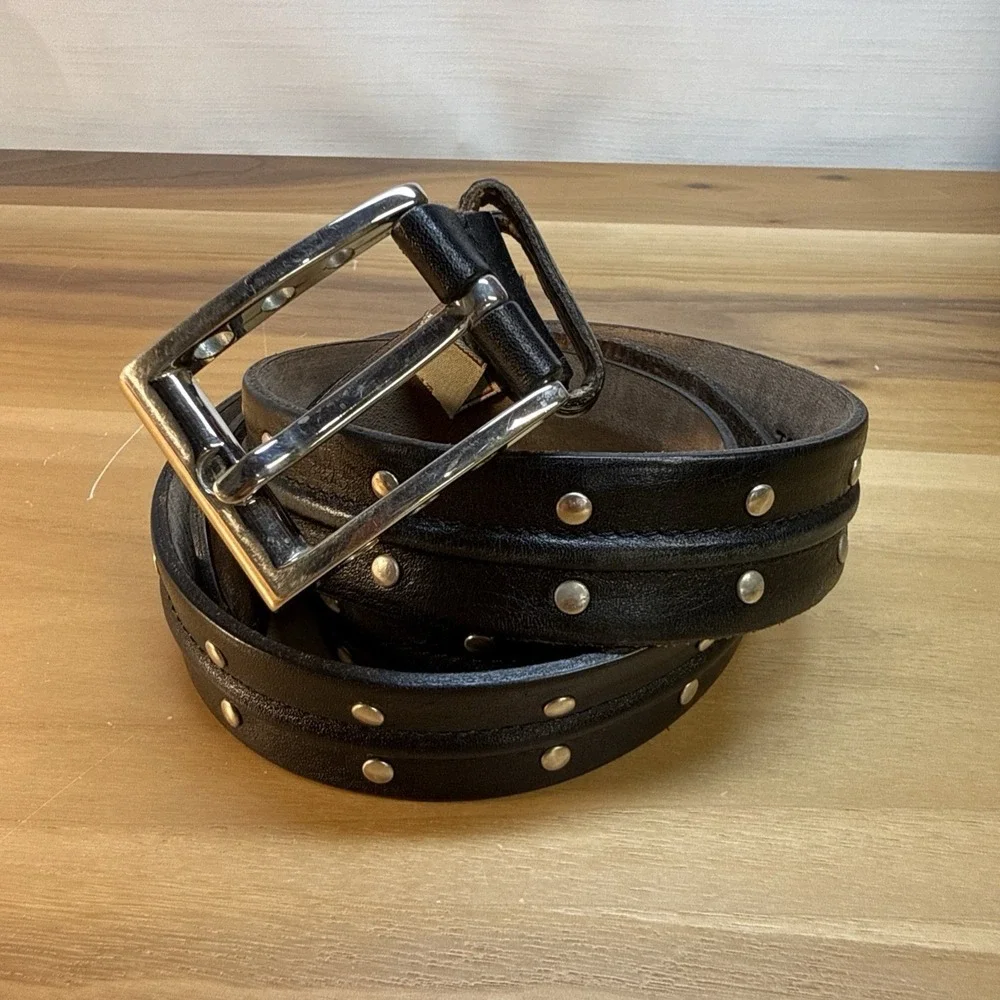 Palm west Belt Mens Sz 44 Black Genuine Leather Silver Tone Buckle Studded‎